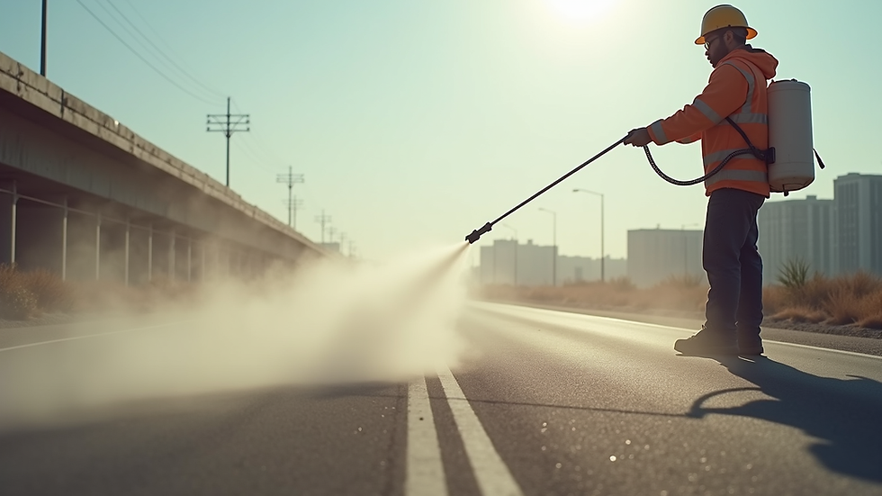 Eye-level view of a worker spraying dust suppressant evenly on a road construction site
