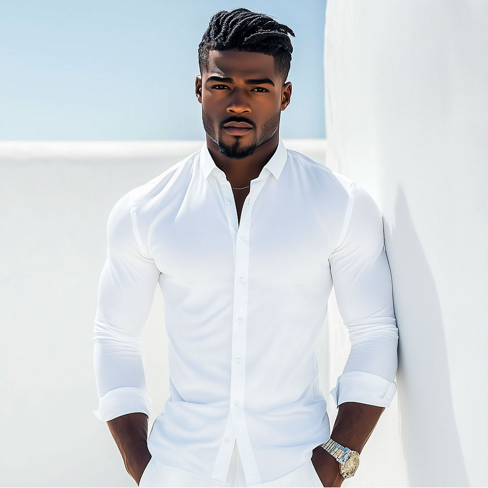 Man in a white shirt leans against a sunlit white wall, exuding a calm and confident mood. Clear blue sky in the background.