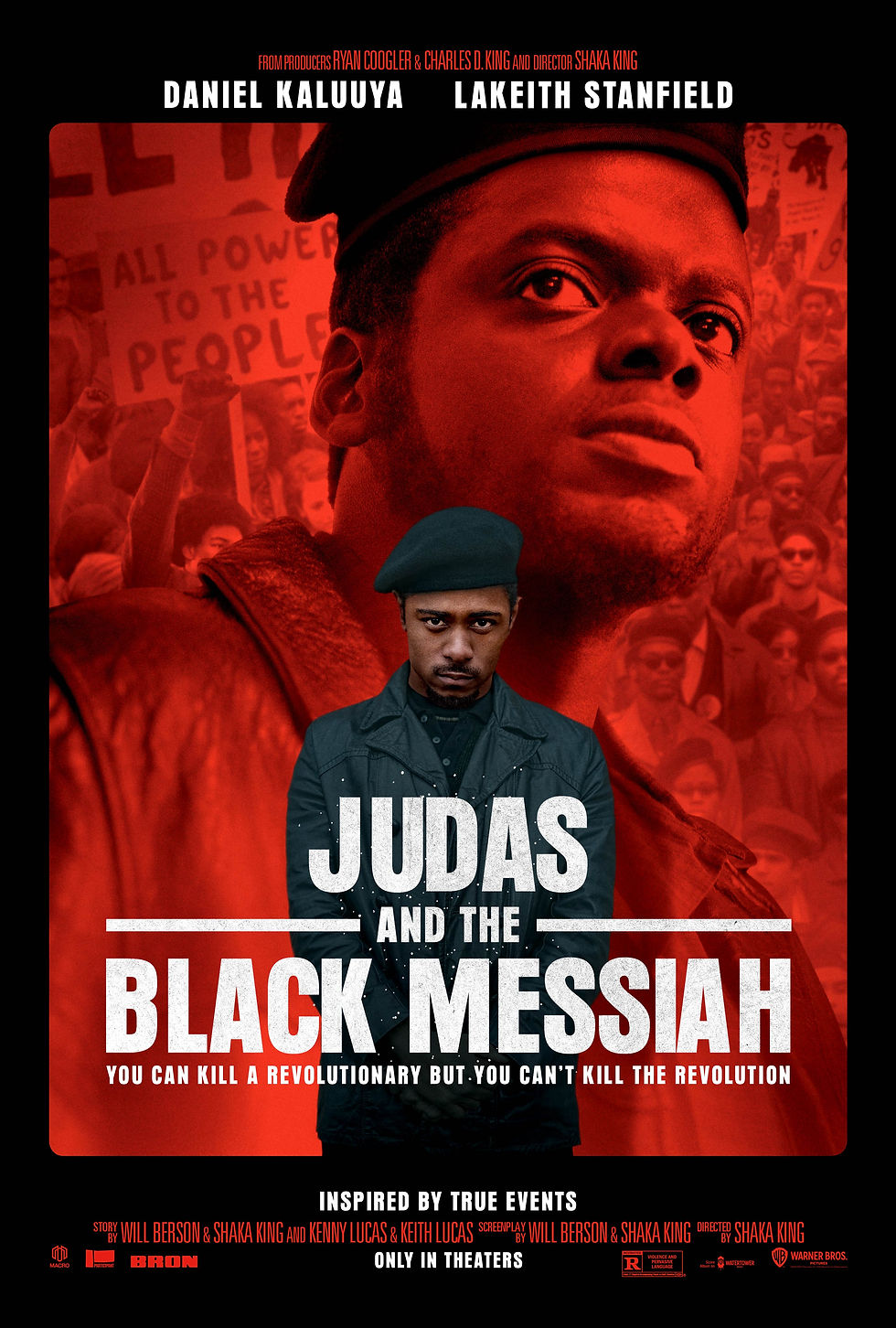 Official poster for “Judas and the Black Messiah” featuring Daniel Kaluuya as Fred Hampton in a dramatic expression, highlighting the film’s emotional intensity.