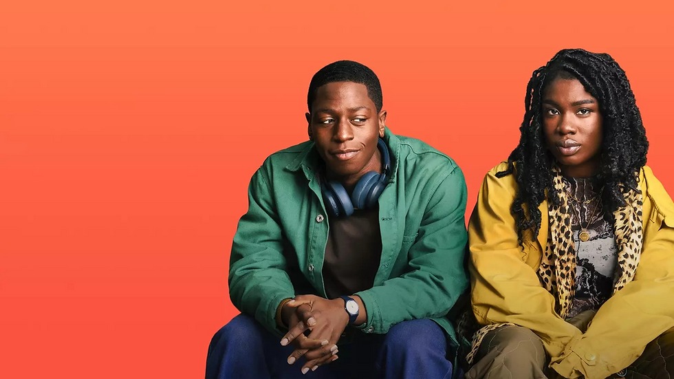 Film poster for “Rye Lane” (2023) showing a young couple sitting against an orange backdrop, capturing the vibrant, playful vibe of the British rom‑com.