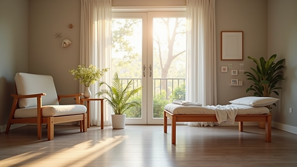 Eye-level view of a tranquil therapy room with a comfortable chair