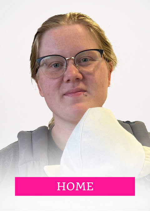 Kaidance smiles in a headshot with the word HOME in upper case is centered in a pink rectangle at the bottom center of the frame