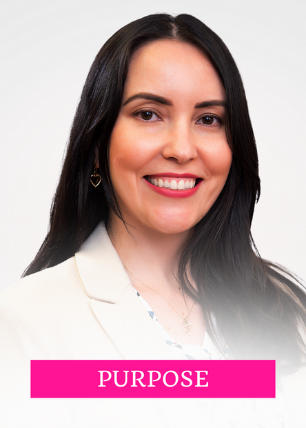 Nathalia smiles in a headshot with the word PURPOSE in upper case is centered in a pink rectangle at the bottom center of the frame