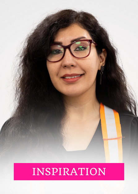 Asiya smiles in a headshot with the word INSPIRATION in upper case is centered in a pink rectangle at the bottom center of the frame