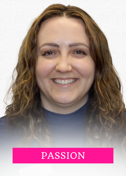 Caleigh smiles in a headshot with the word PASSION in upper case is centered in a pink rectangle at the bottom center of the frame