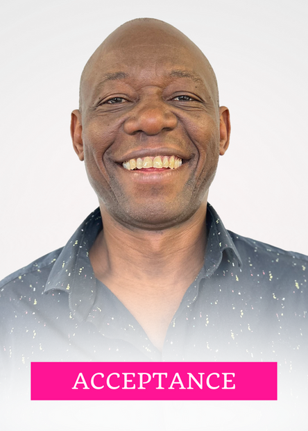 Milton smiles in a headshot with the word ACCEPTANCE in upper case is centered in a pink rectangle at the bottom center of the frame