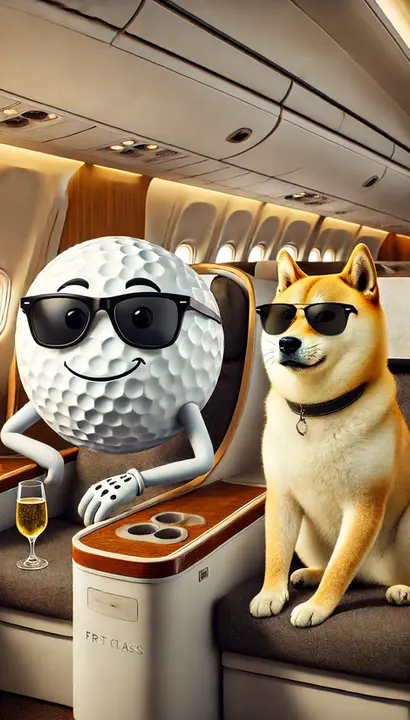 DALL·E 2024-06-18 15.28.05 - A fun scene inside an airplane first class cabin featuring a golf ball character wearing dark sunglasses and Doge. They are both sitting comfortably i.webp