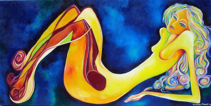 Tableau à l'huile dédié au Féminin, Féminin Sacré, Femme Musicale qui écoute et joue sa musique intérieure. Spiritualité. Tableau onirique, sensuel inspirant l'amour de soi et le développement de soi. Femme qui souvient un lute dans la forme de son corps. Femme Musicale. Peinture de femme féerique et onirique inspirée de la musique. 