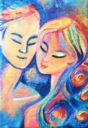 Tableau à l'huile dédié au couple, aux amoureux, au mariage alchimique. Couple tantrique. Couple romantique. Tableau poétique d'amour. 
