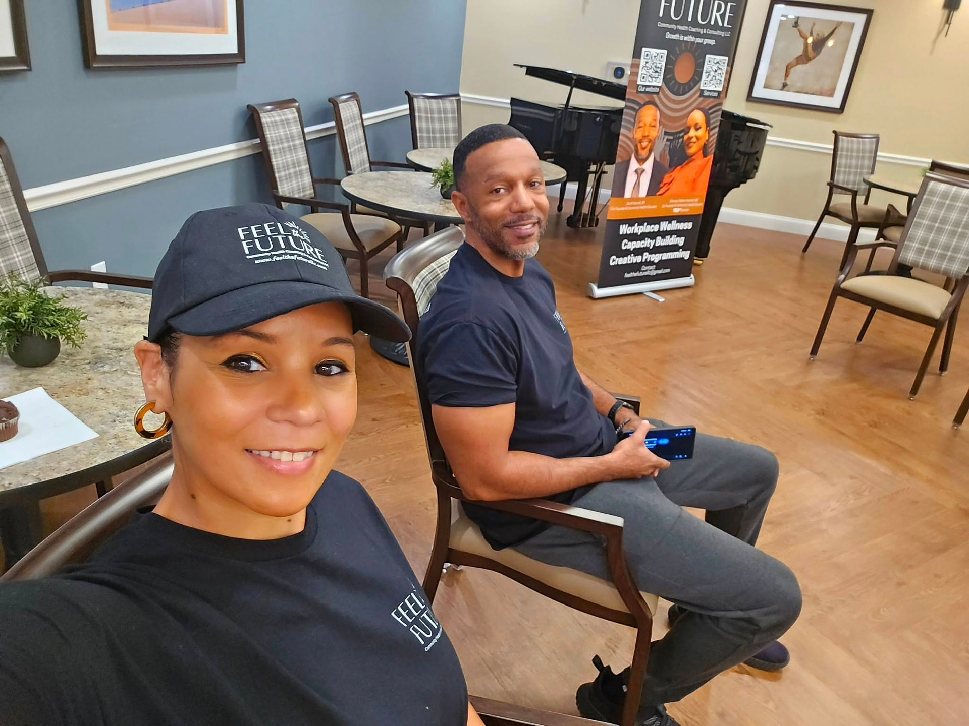 man and woman movement instructors wearing black clothing; founders of feel the future llc