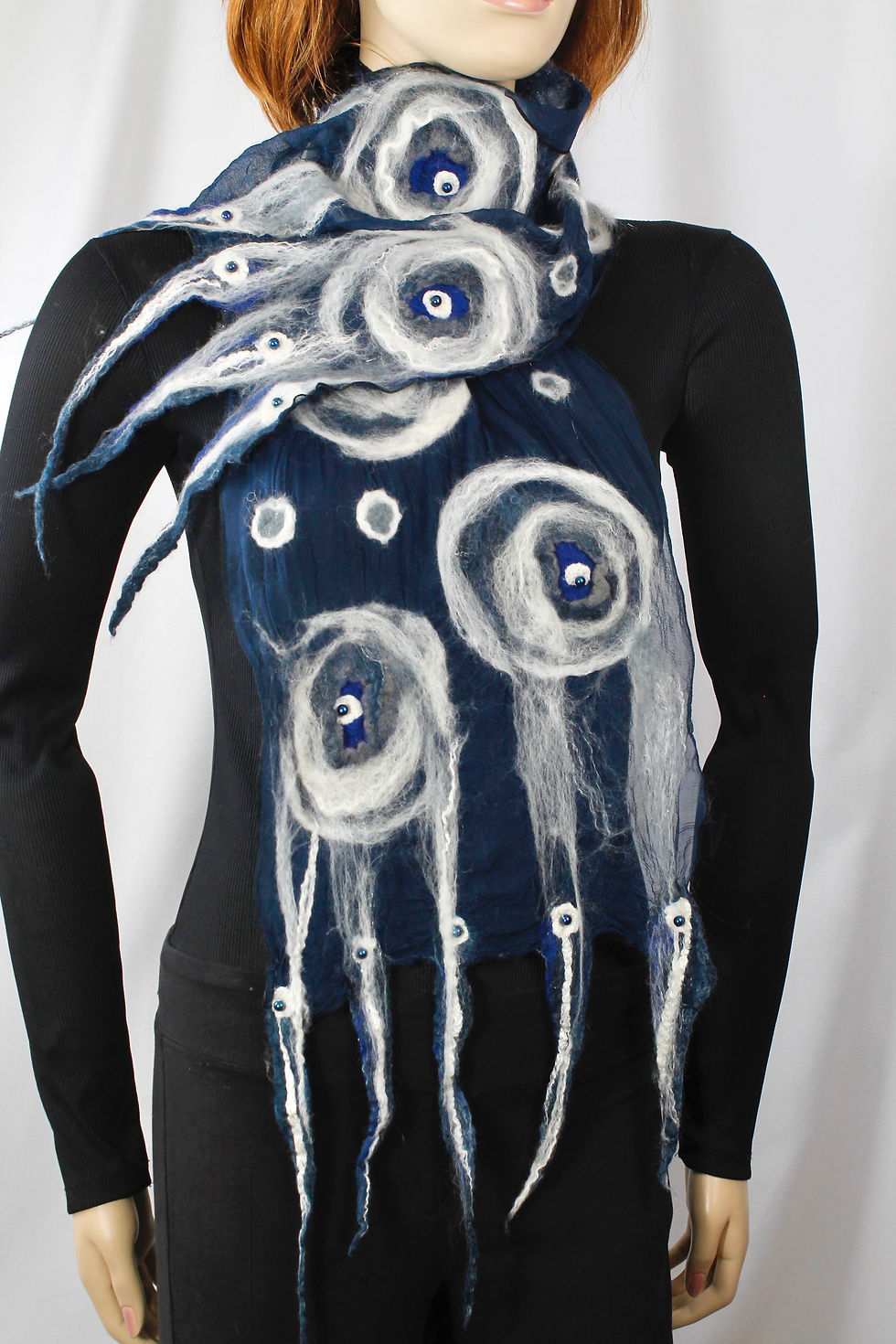 Thumbnail: Navy Blue Crepe silk felted Shawl-pearls