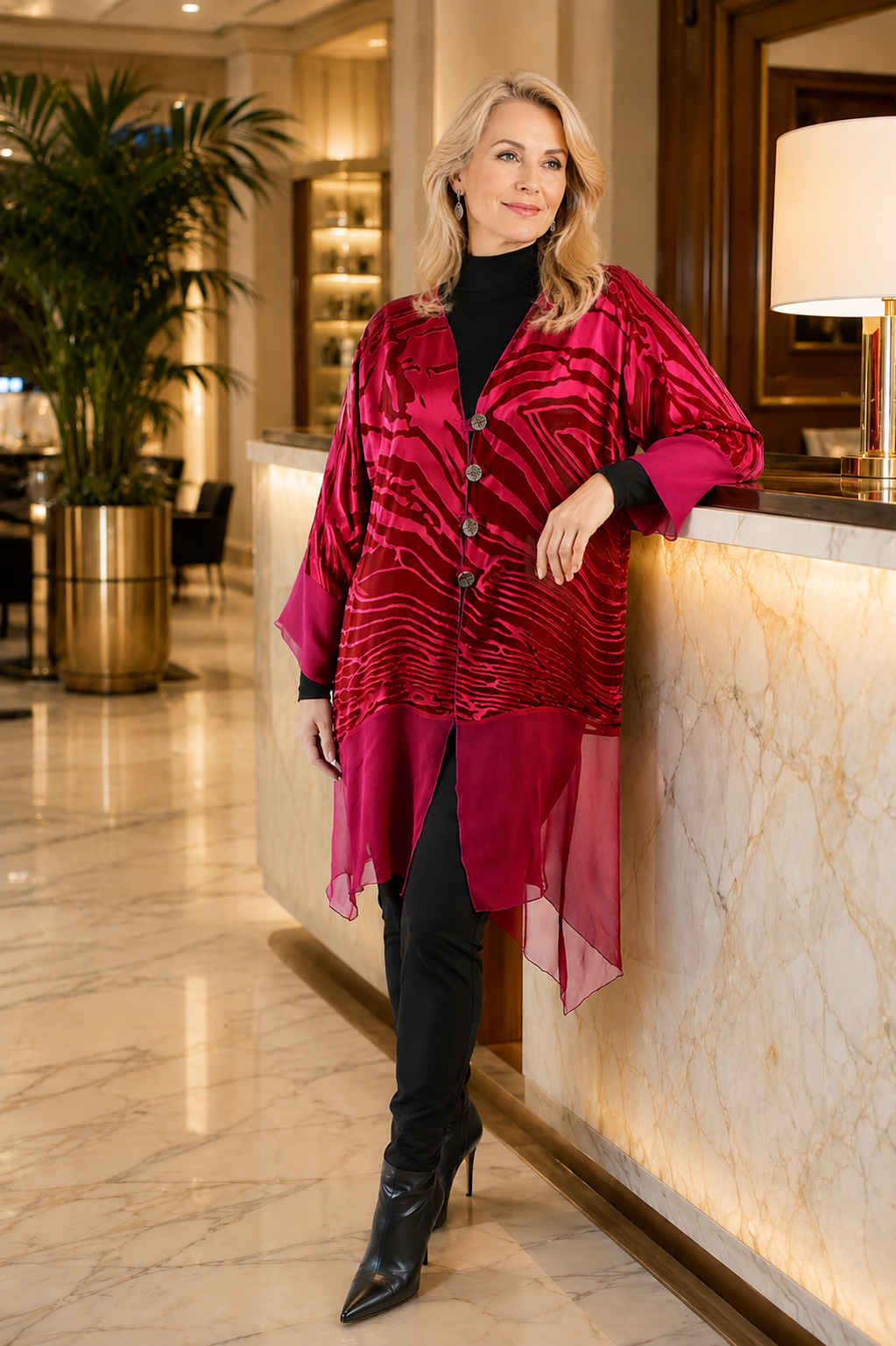 Rich Red Devore silk Asymmetrical Coat