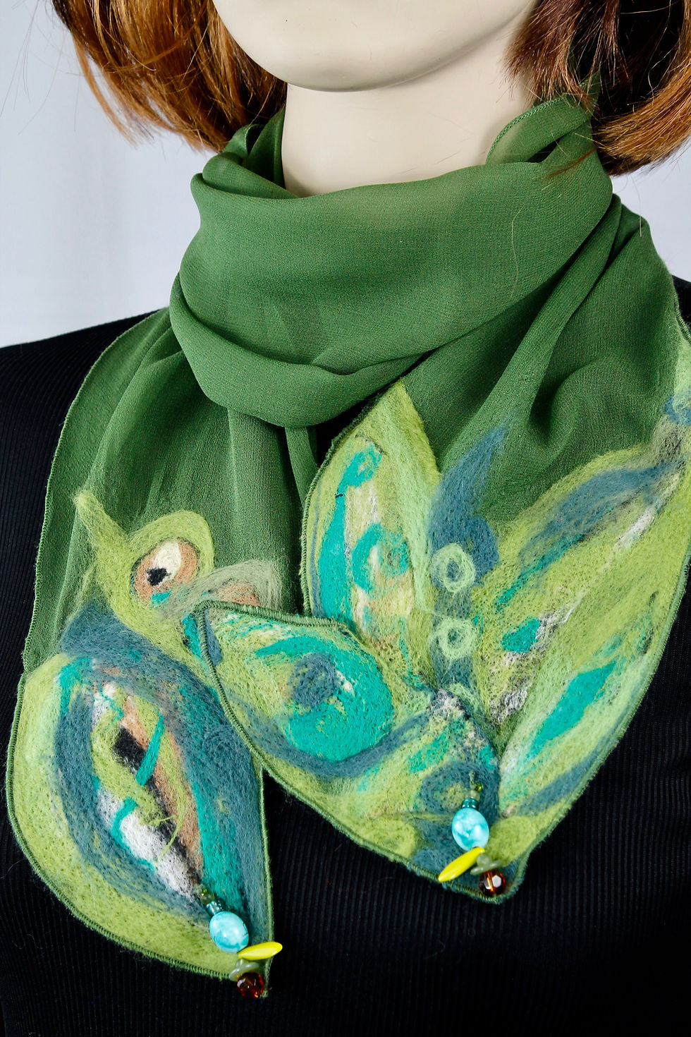 Thumbnail: Khaki green silk chiffon felted with beads