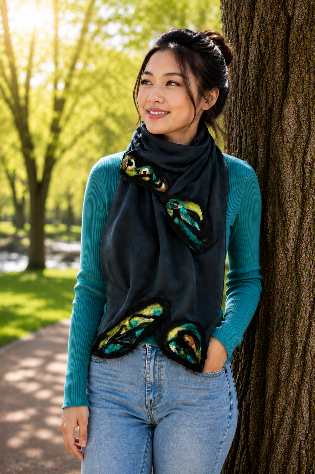 Felted scarf on Hand dyed silk crepe
