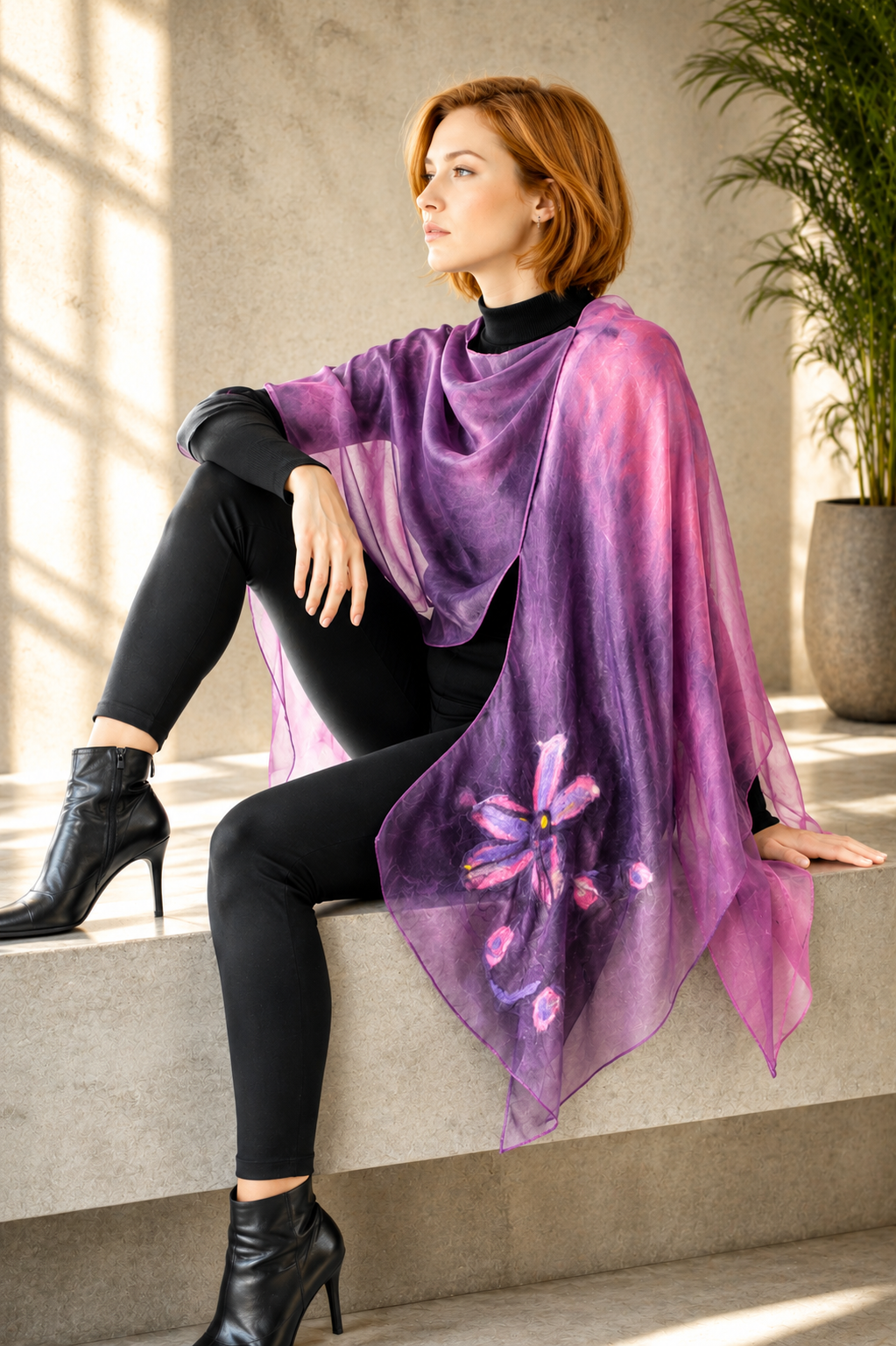 Purple Dyed silk Poncho inset of merino wool