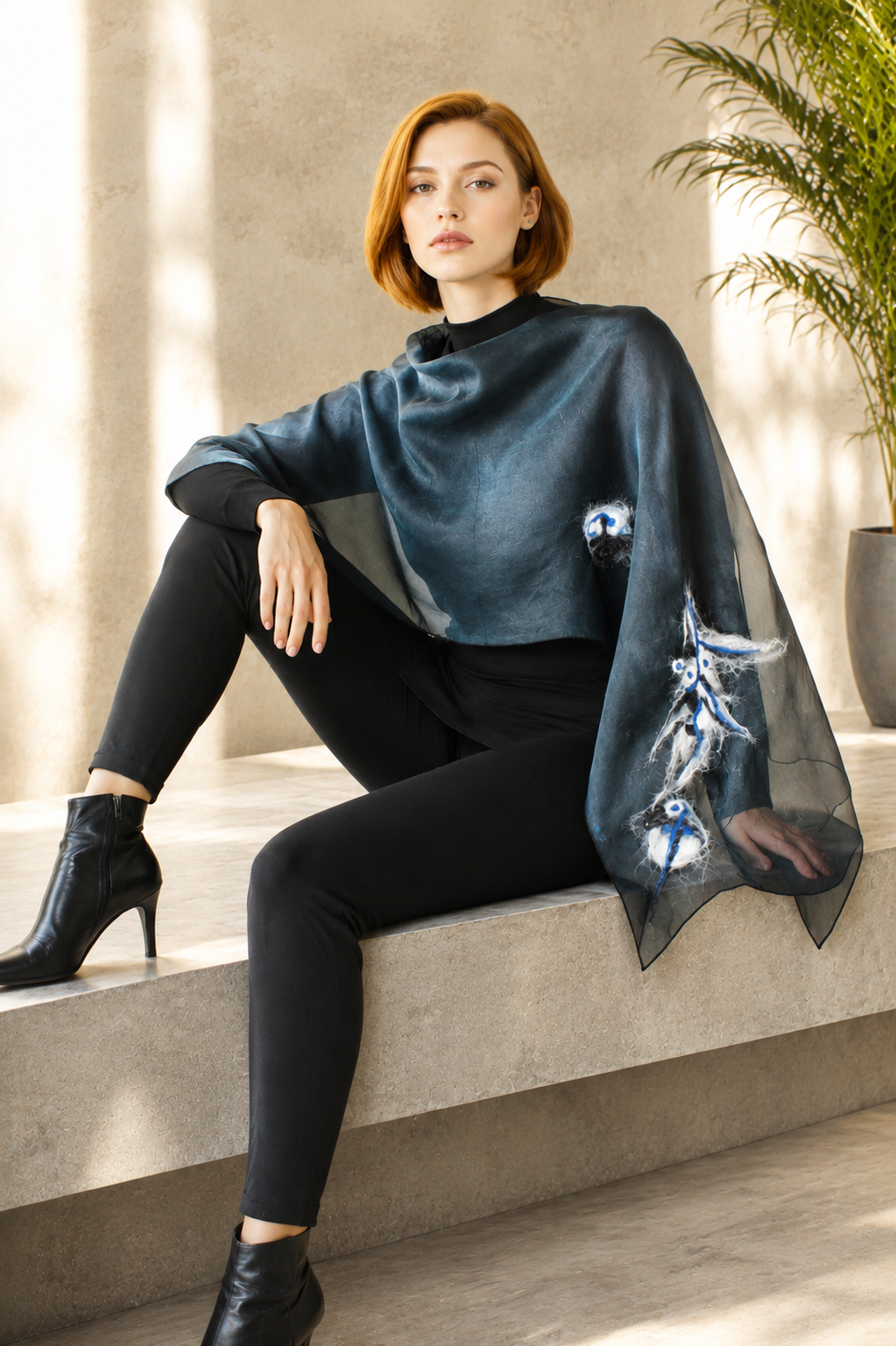 Black Silk Organza Ponsho inset merino wool
