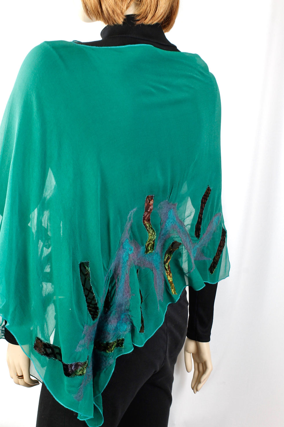 Thumbnail: Teal Green Silk Applique Poncho