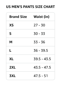 Size chart for Men's Merino Wool Lightweight Thermal Pants