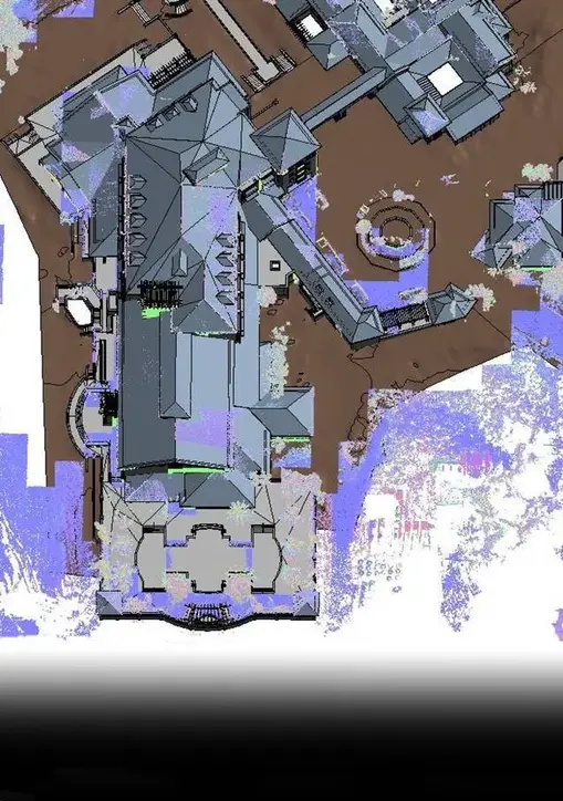 Scan to BIM- Overhead view of a detailed architectural model with various structures rvtcad