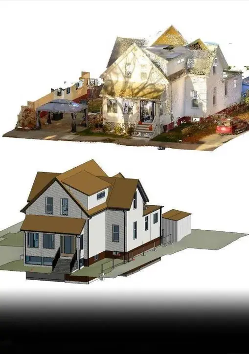Scan to BIM Two house renderings, showing exterior architectural design and construction HOME Rvtcad