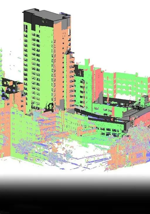 3D Scan to BIM of complex building structure with various colored sections. Rvtcad