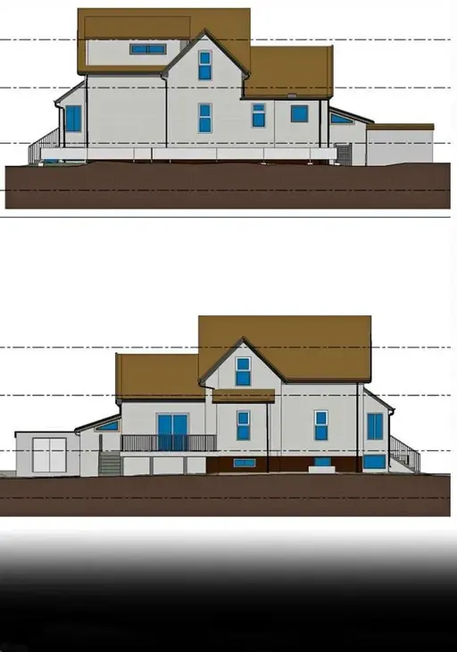 Scan to BIM- Two architectural renderings of a home with brown roof and white walls.