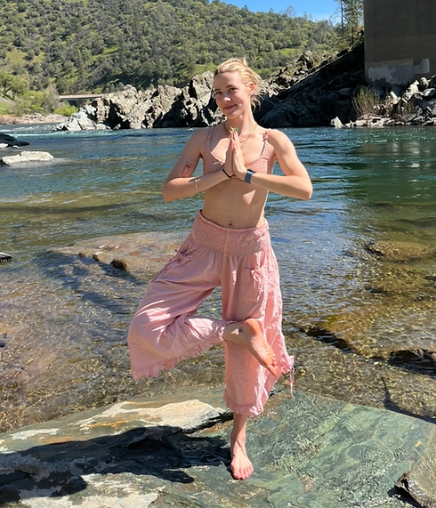 Pilates by the Park instructor practicing a balance pose outdoors in Meadow Vista, CA