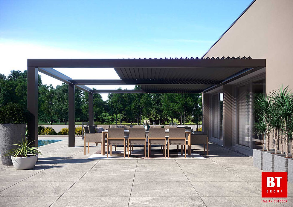 Eye-level view of wooden pergola with white drapes on a residential deck