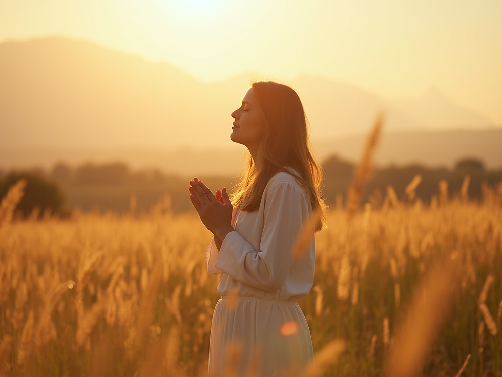 Portrait of a person praying in a field