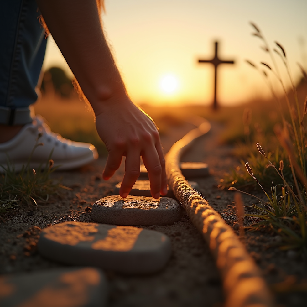 Hand reaching for a lifeline that leads to the cross