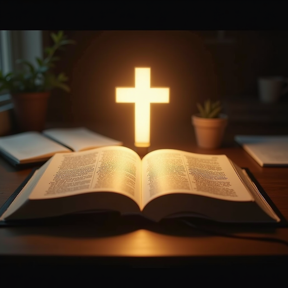 The Bible open with a shining cross above it.