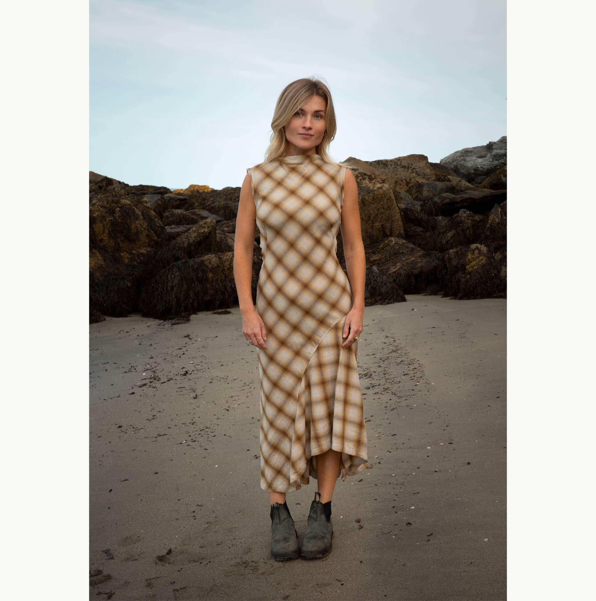 Shadow Plaid Bias Dress, Goldenrod