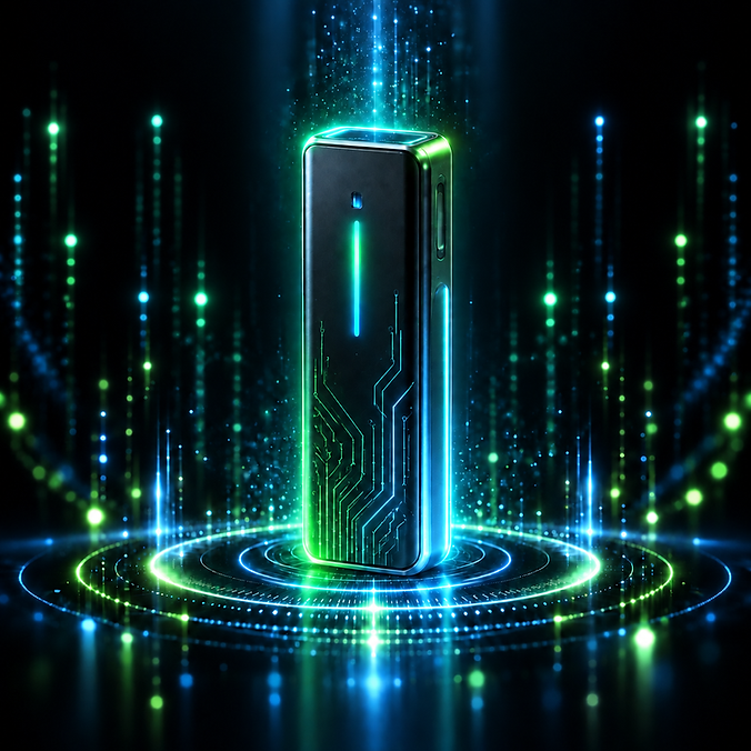 A_small_tall_sleek_rectangular_box_device_standing_upright_at_the_center_glowing_softly_wi