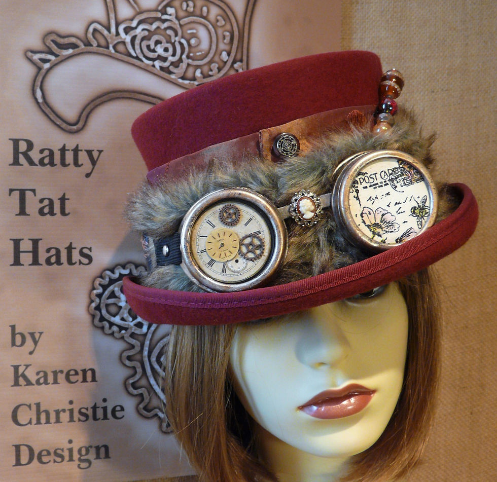 Thumbnail: Lady's burgundy red Steampunk top hat with goggles