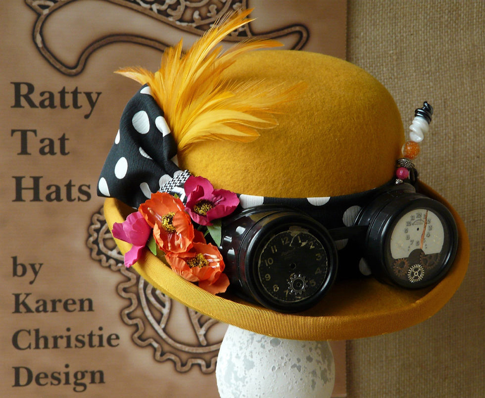 Thumbnail: Lady's saffron yellow Steampunk style bowler or Derby hat with polka dot fabric and goggles, Sundance by Ratty Tat Hats