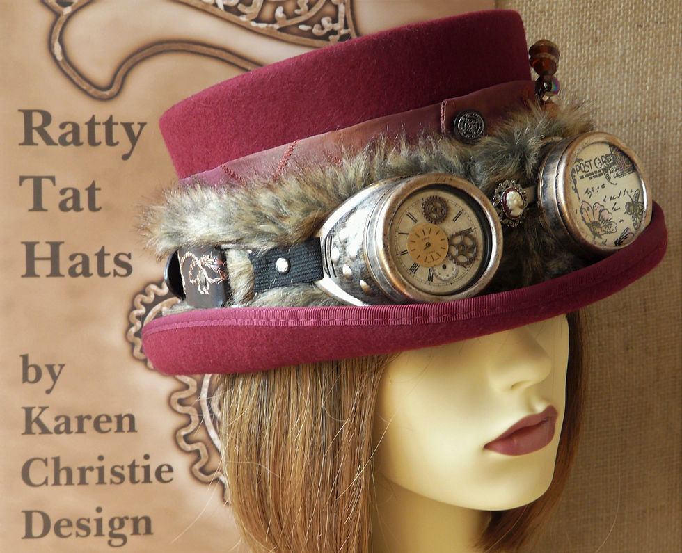 Thumbnail: Lady's burgundy red Steampunk top hat with goggles