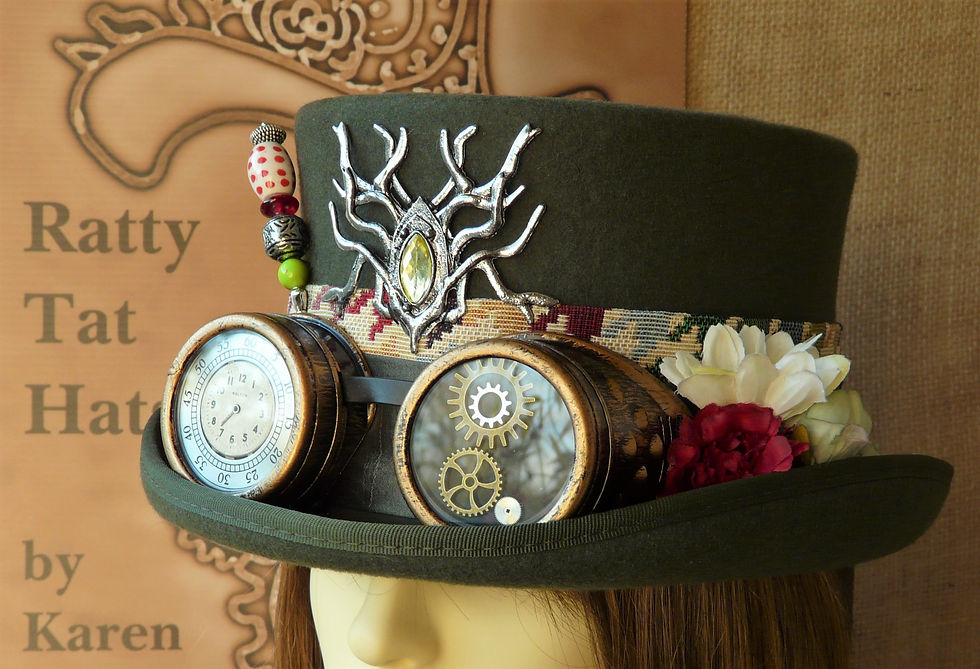 Thumbnail: Lady's olive green Steampunk top hat with goggles
