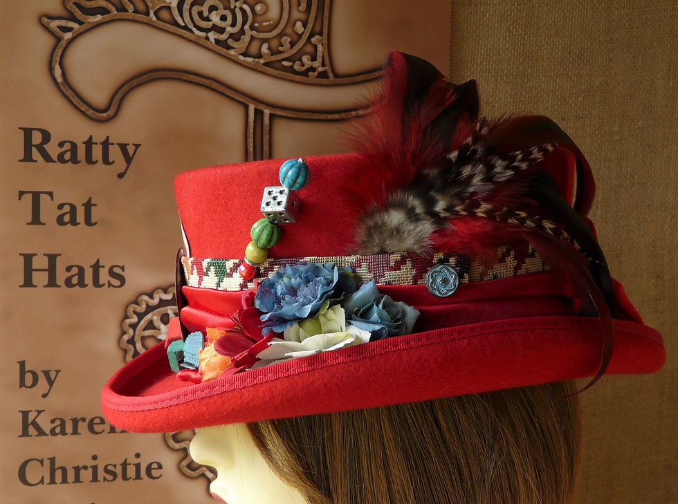 Thumbnail: Lady's red Monopoly inspired Deadman or low crown top hat with vintage edition game parts. Trafalgar Square by Ratty Tat Hats