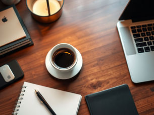 A workspace desk set up with a cup of coffee at the center