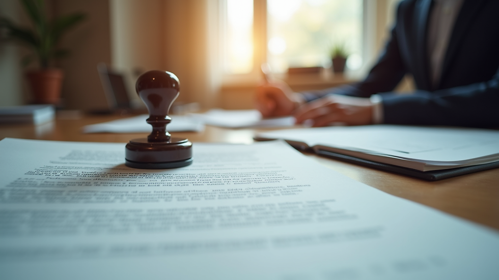 Eye-level view of a notary office desk with legal documents and a stamp