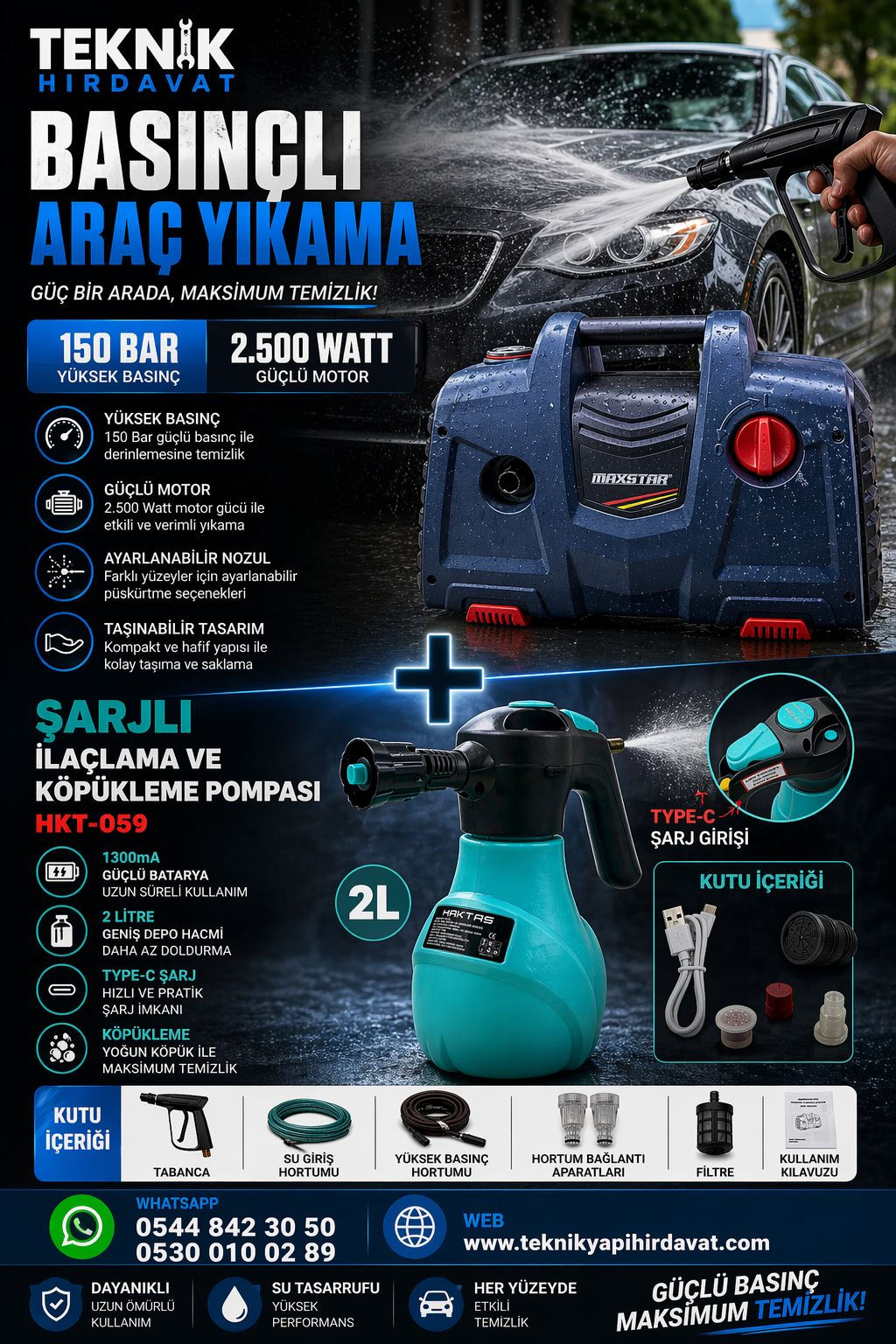 150 BAR ARAÇ YIKAMA + ŞARJLI KÖPÜK POMPASI