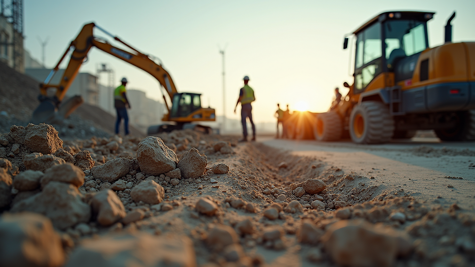 Eye-level view of construction site with workers and machinery