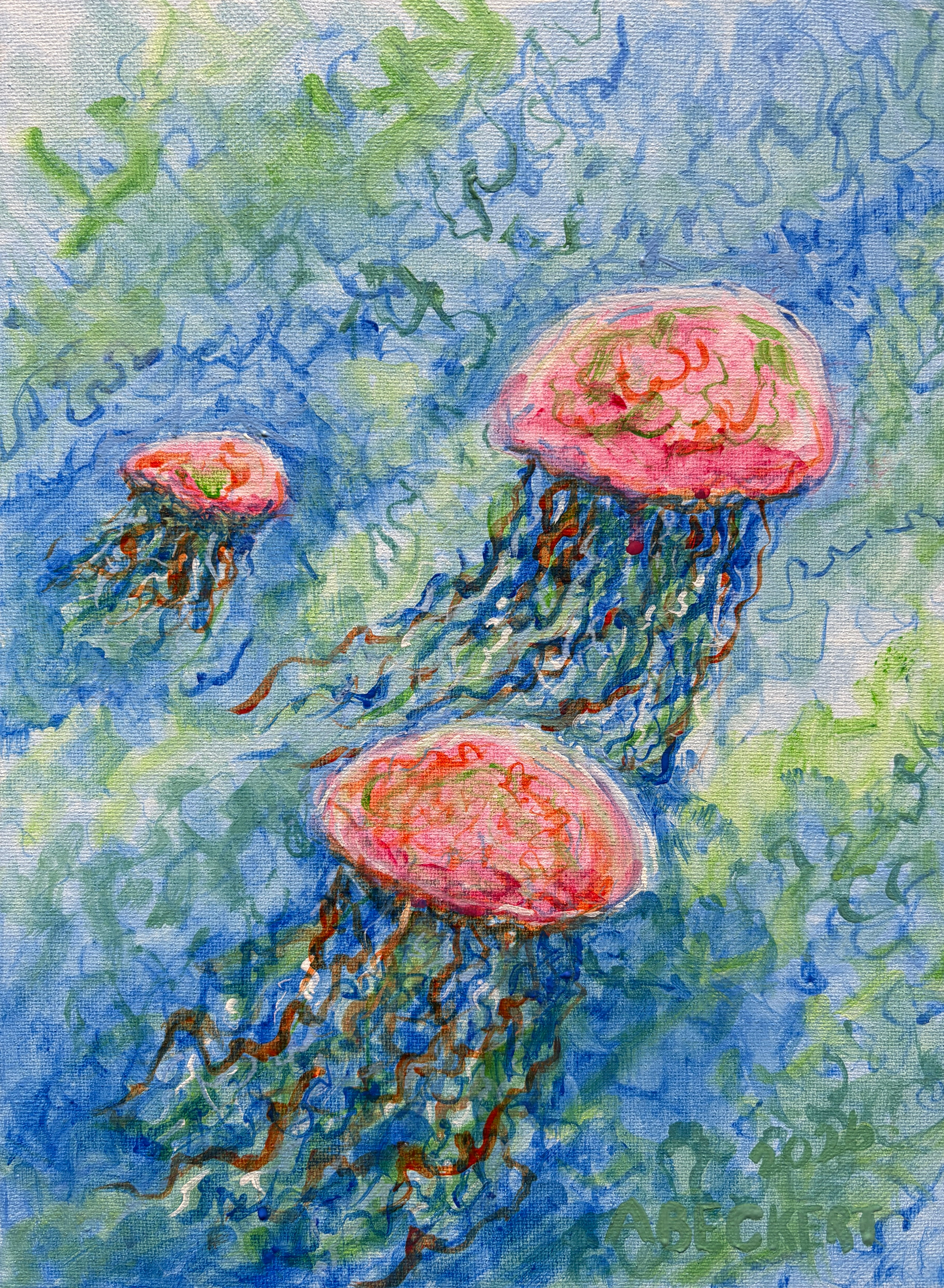 Painting of three red jellyfish in blue water