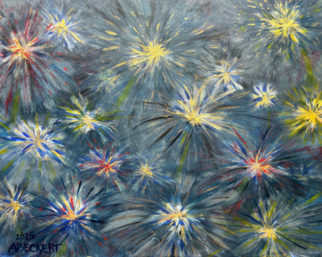 Bright exploding fireworks light up a dark sky