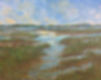 Oil painting of a winding wetland waterway