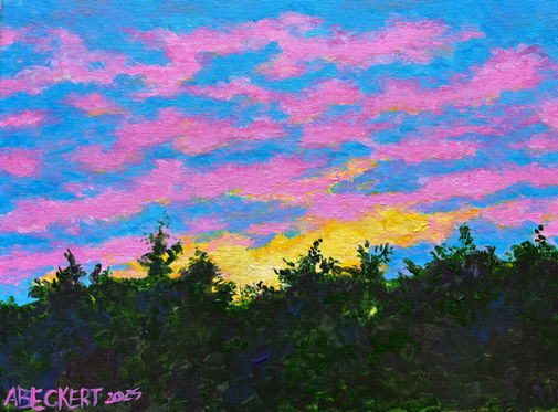 Bright pink and blue sky with golden sunshine peeking out from behind the shadows of trees