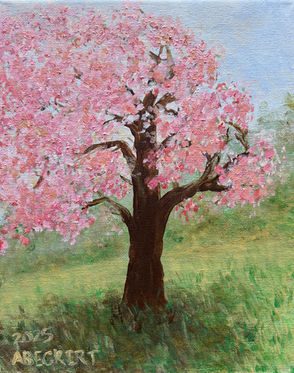 Pink cherry blossoms on a tree in the middle of a field with shadows underneath