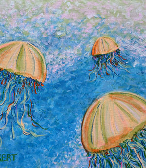 Yellow jellyfish in a shimmering sea of blue, green, & pink