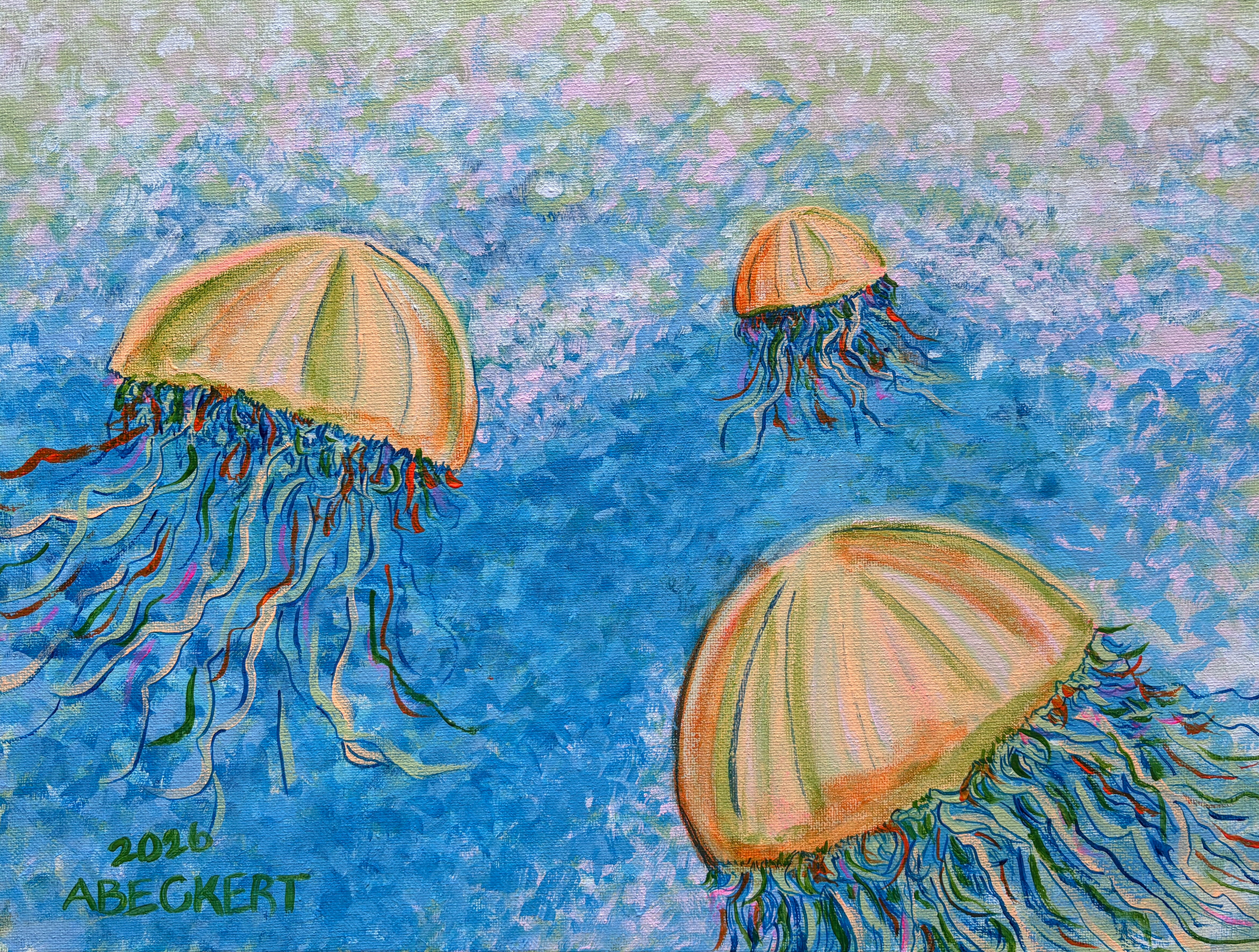 Painting of three jellyfish, signed '2021 ABECAERT'