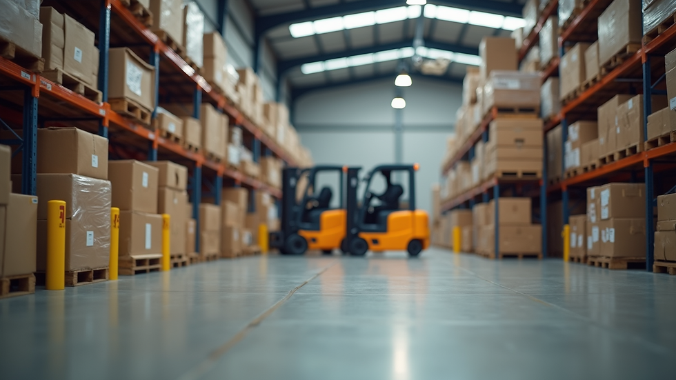 Close-up view of a logistics warehouse with stacked boxes and forklifts